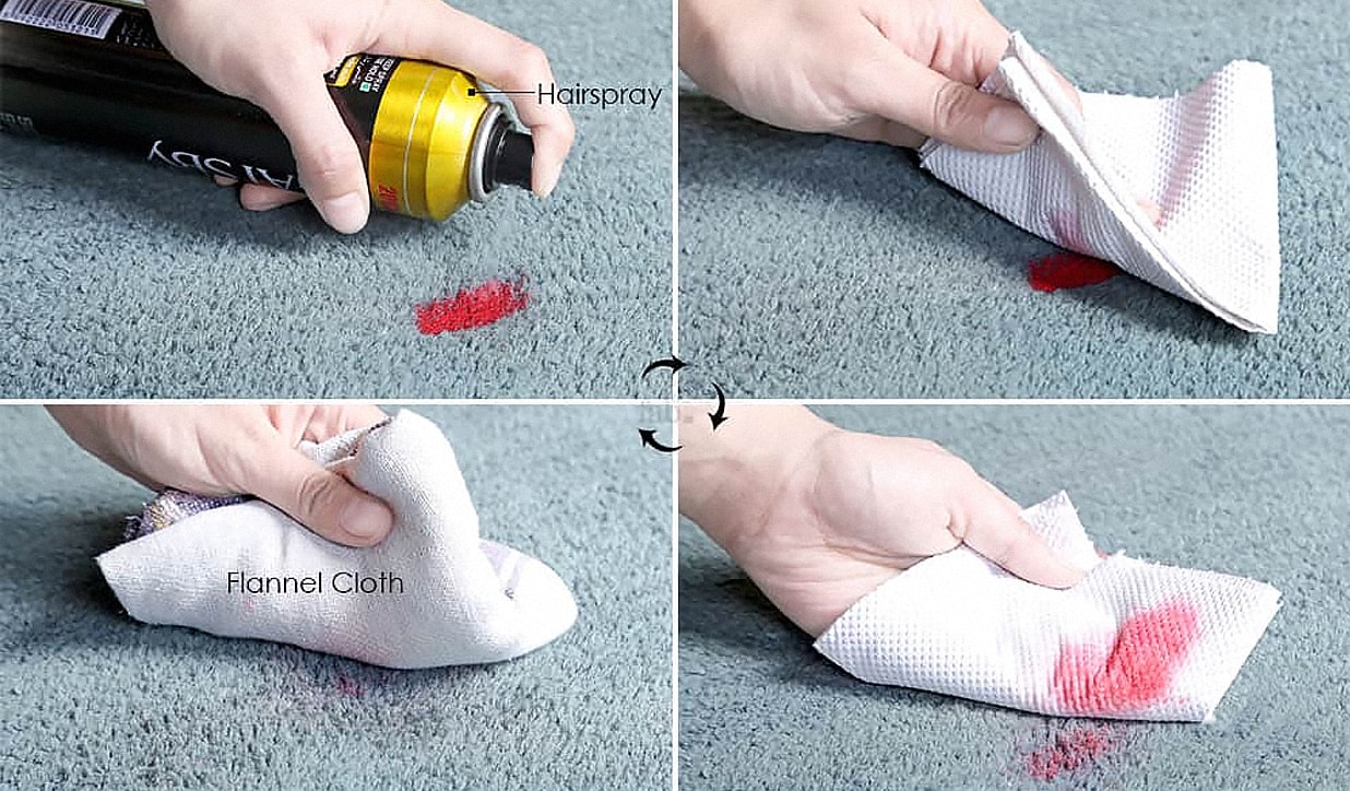 Damp the lipstick stain with hairspray and blot to remove it
