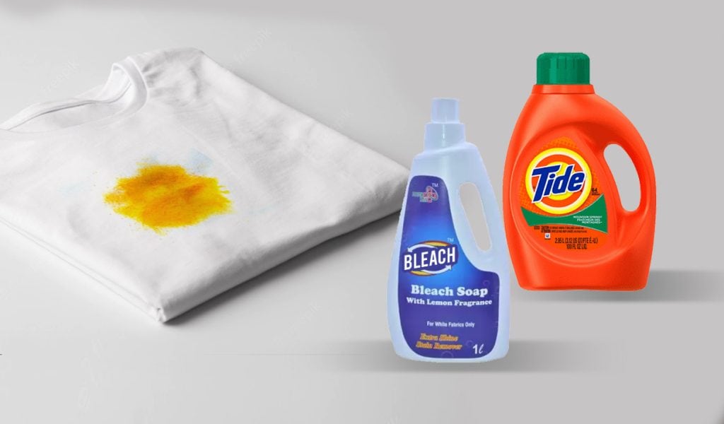 Use bleach and detergent to remove turmeric stain